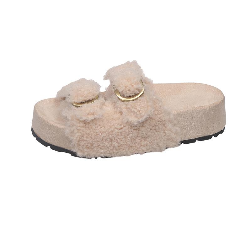 Muffin thick bottom one word fluffy slippers women wear 2025 autumn and winter new Internet celebrity fairy wind heightened plush half drag