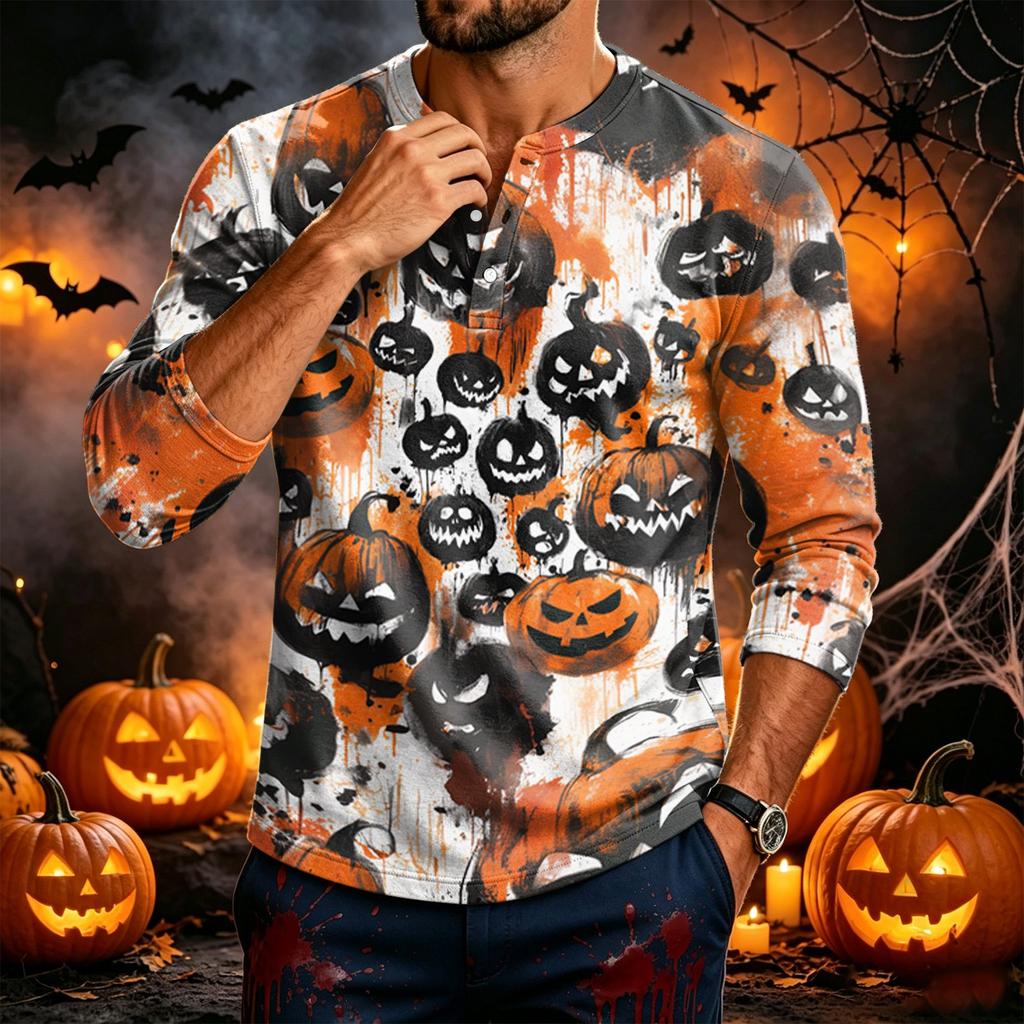 Men's Long Sleeve Tee with Halloween Print for Casual Wear