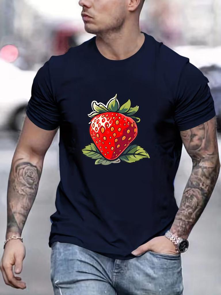 Unisex Bawełniany T-shirt z Kreskówkową Truskawką i Owocami, Okrągły Dekolt, Świeży Nadruk Jagód, Męski Letni, Krótki Rękaw, Codzienny, Casualowy, Streetwear, Koszulki