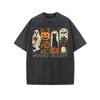 Washed Cotton T-Shirt - Brown Halloween Tee With, Black Cat, Bat and Jack-O'-Lantern Graphics, Spooky Season Casual Crew Neck Short Sleeve Shirt