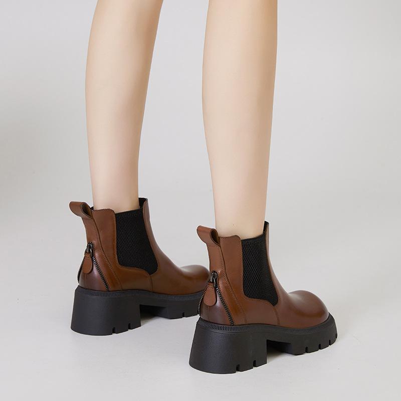 Leather Martin Boots Women's Short Boots 2025 Autumn and Winter New Retro Cigarette Boots Velvet Thick-soled Medium Tube Chelsea Boots