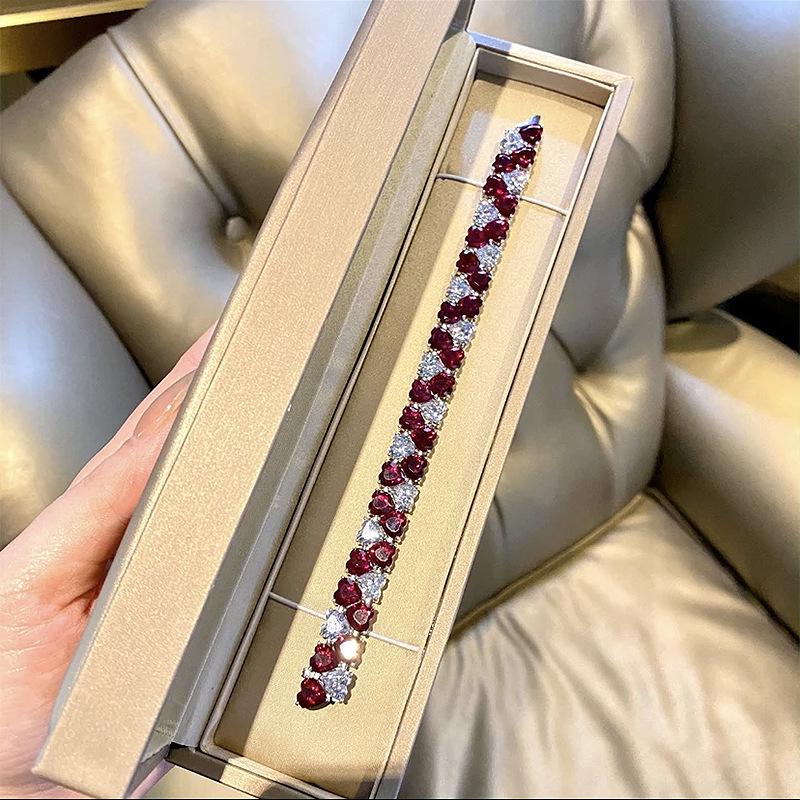 Longlongjin 2024 New Red & White Double Heart Full Diamond Women's Bracelet - Elegant & Fashionable Style