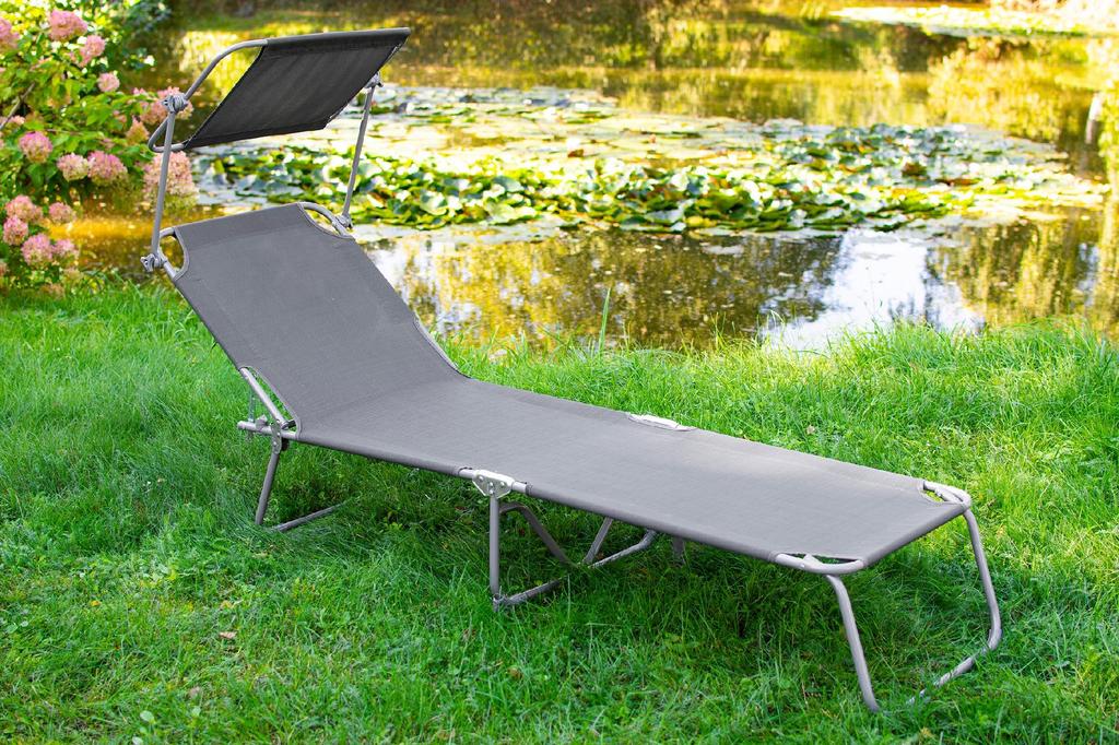 Foldable Garden Lounge With Roof Grey Steel Beach Chair Sun Chair