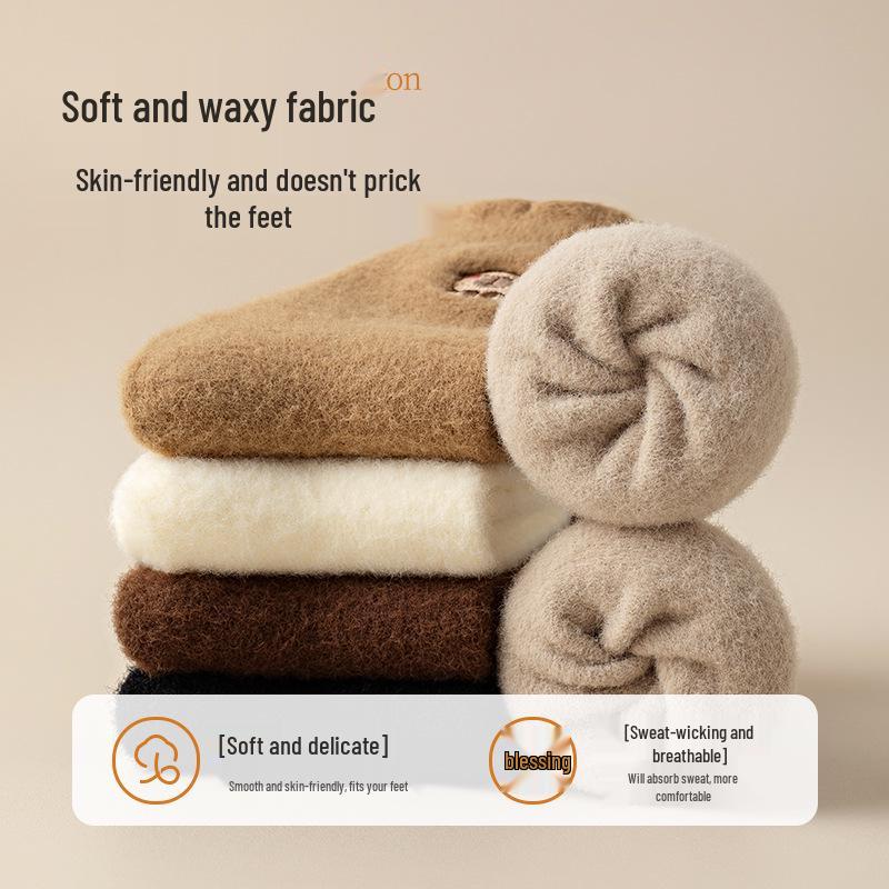 Women's Plush Embroidered Fleece-Lined Mid-Calf Socks - Cute Cartoon Design, Warm and Thick for Autumn and Winter.