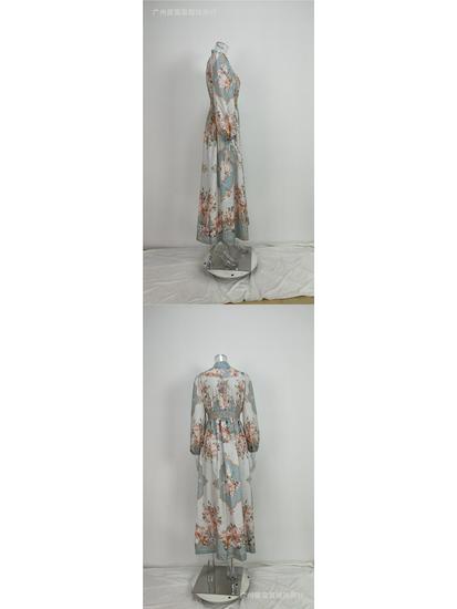 Retro European & American Women's Long Sleeve Spring Dress with Waist-Cinching, Big Hem, and Printed Design.