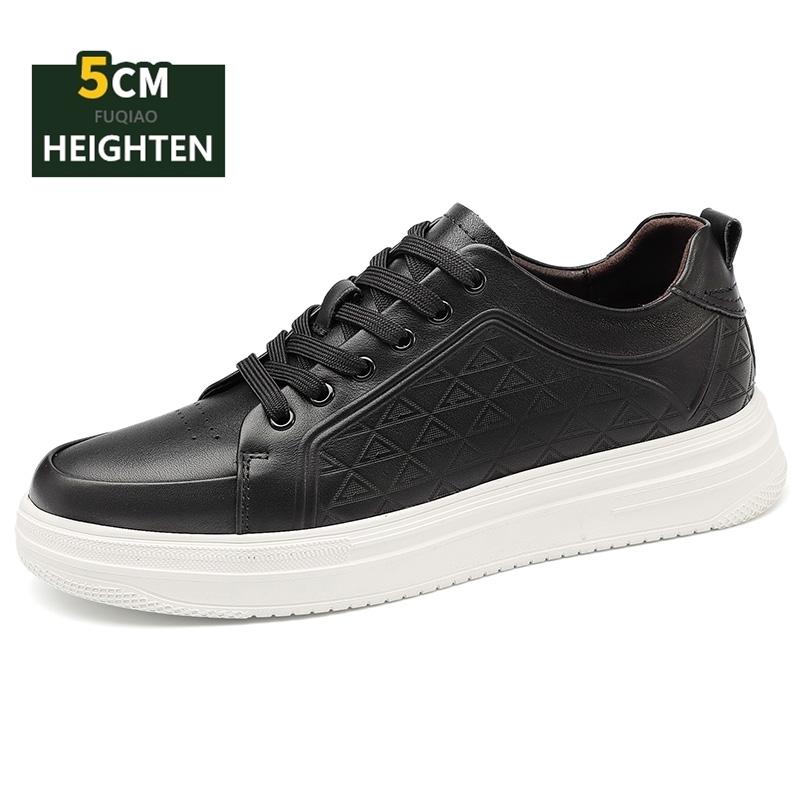 Fashion Men's Lightweight Cow Leather Elevator Shoes 5cm Hidden Lifts or Flat Sole Breathable Casual Sneakers for Daily Wear Comfortable