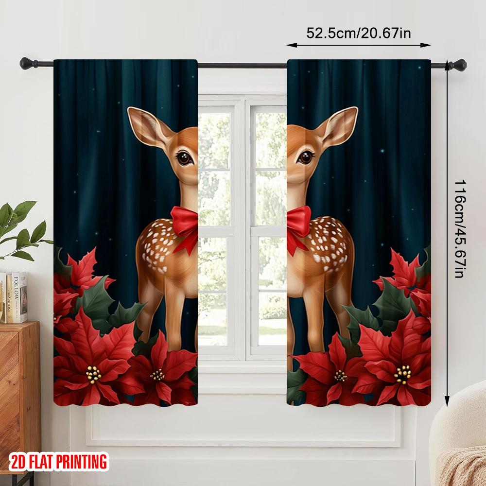 2pcs,2D plane printing Curtain Fabric Cute Fawns Christmas Poinsettias Versatile Polyester Fabric (without rod) Decorations