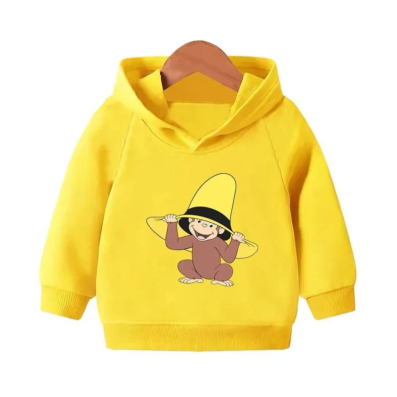 Curious George Cute Monkey Print Funny Kids Hooded Hoodies Girls Clothes Children Sweatshirts Autumn Baby Pullover Tops