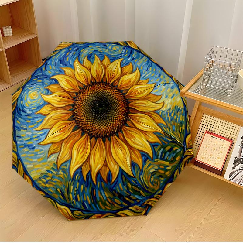 Beautiful Sunflowers Van Gogh Printed Umbrella Windproof Folding Umbrella Portable Sun and Rain Umbrella Suitable for Gifting