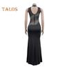 Lady Evening Dress Rhinestone Decor Mesh Patchwork Sleeveless Skinny Round Neck Wedding Party Maxi Dress for Prom Club Formal Banquet