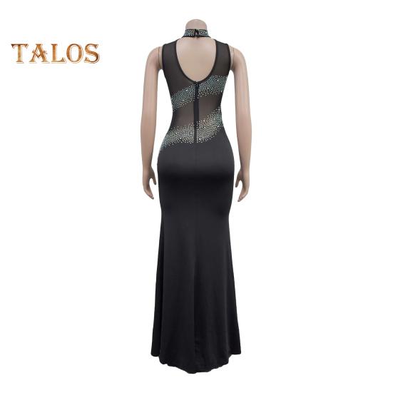 Lady Evening Dress Rhinestone Decor Mesh Patchwork Sleeveless Skinny Round Neck Wedding Party Maxi Dress for Prom Club Formal Banquet