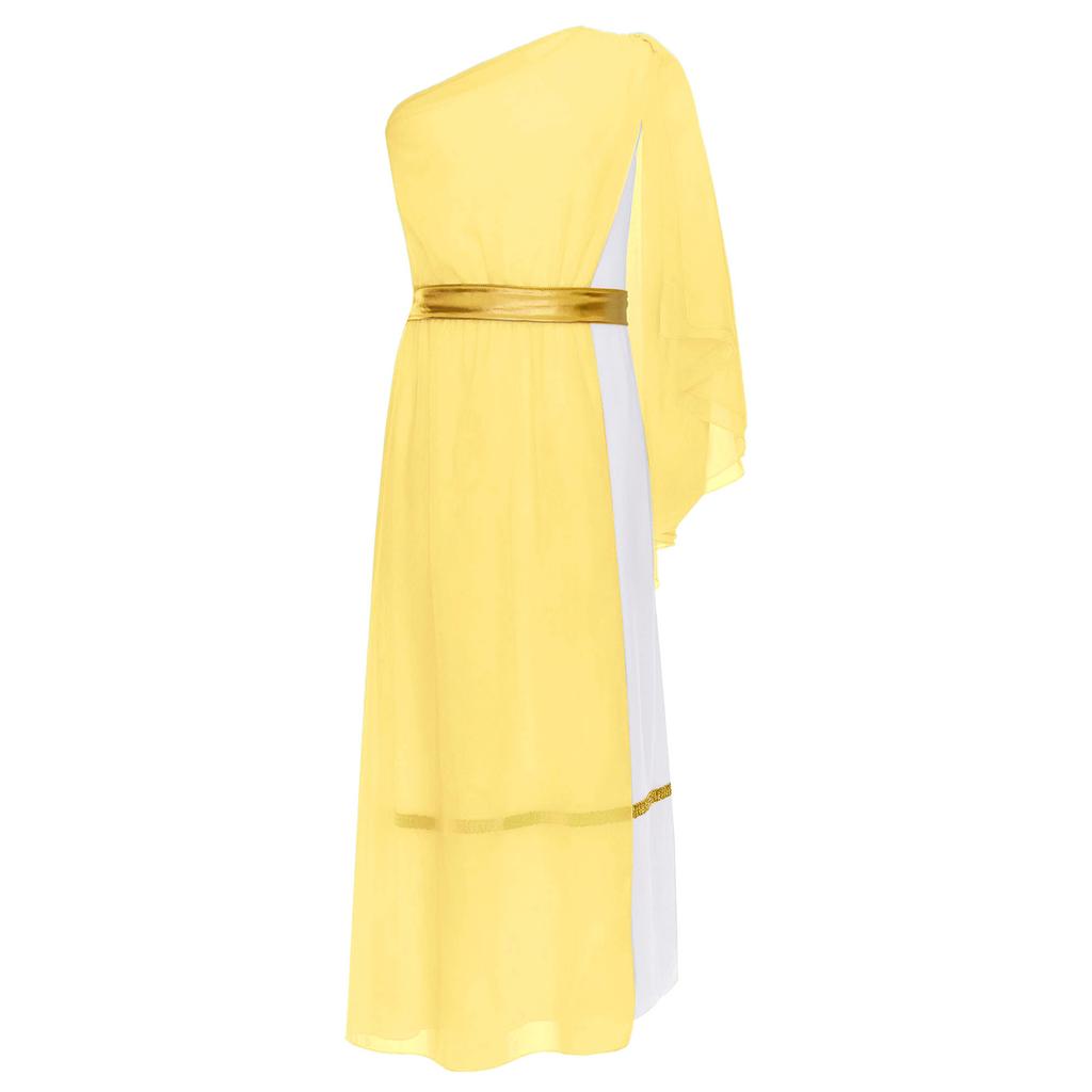 Girls Ancient Greek Roman Costume Single Shoulder Tulle Shawl Patchwork Flowy Dress Waistband Toga Party Outfit