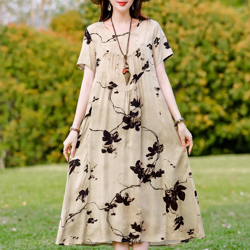 Plus Size Elegant Women's Summer Dress Vintage Clothes Short Sleeve Loose Long Dresses
