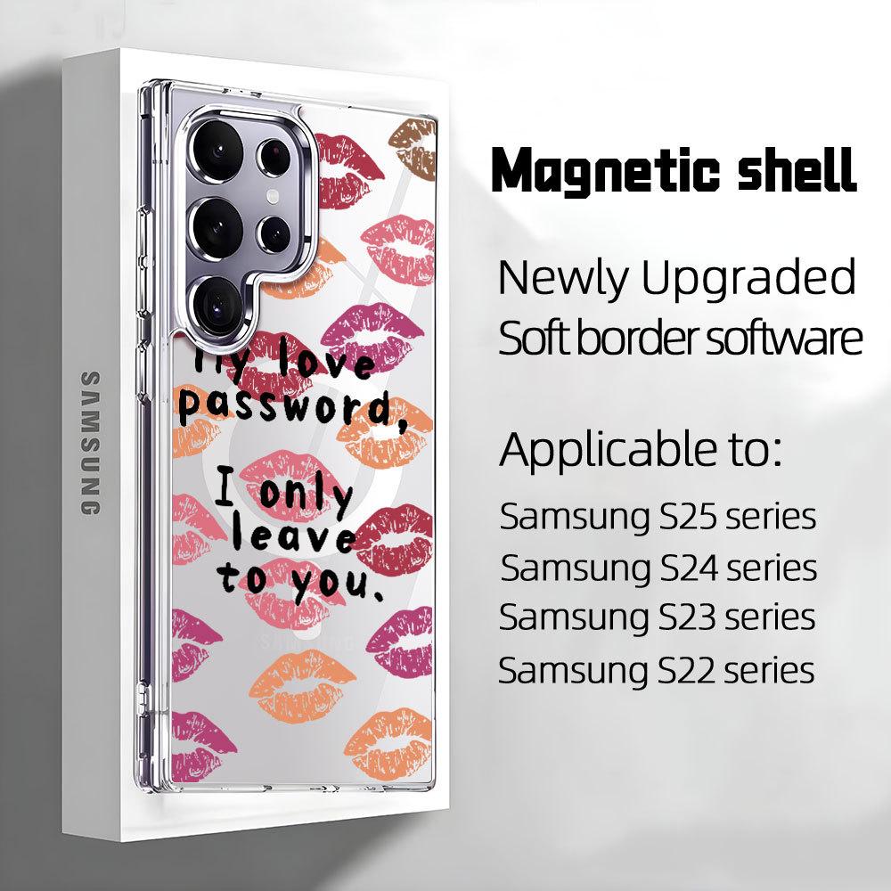 Sweet and cool babes wind red lip print bow transparent magnetic mobile phone case Samsung S23UItra anti-drop protective case
