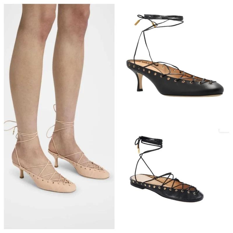 European and American Niche Light Luxury Retro Back Hollow Cross Tie Round Toe Fashion Roman Sandals Women's Ballet Shoes