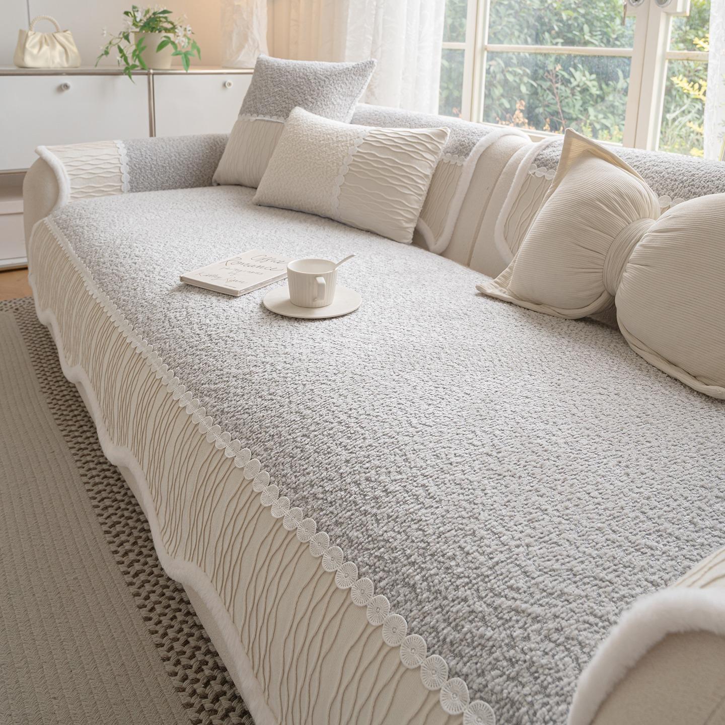 

1 шт. Кремовый жаккардовый чехол на диван из шенилла, для зимнего декора гостиной, диванное полотенце с пушистой окантовкой 90x90cm светло-серый