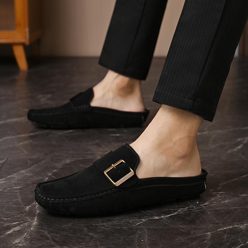 Luxury Designer Trend Men's Suede Leather Half Shoes For Men Mules Sandals Casual Shoes Slides Monk Strap Loafers Slippers