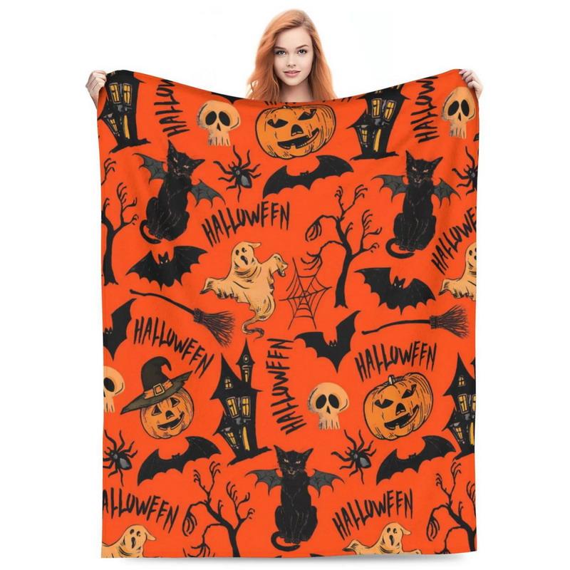 Differnet Size Halloween Throw Blanket with All The Classics | Black Cat, Pumpkin & Bat Print, Super Soft Plush for Sofa & Bed