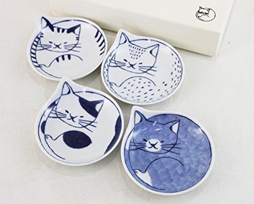 Ishimaru Togei Hasami Ware Coneco Cat-Patterned Plates, Small Plates, Side Plates, 12cm Diameter, Set of 4, Gift, Cat-themed Merchandise, Microwave an