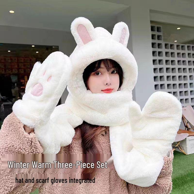 Women's Fleece-Lined Winter Hat & Scarf Three-Piece Set with Gloves and Hooded Rabbit Ears