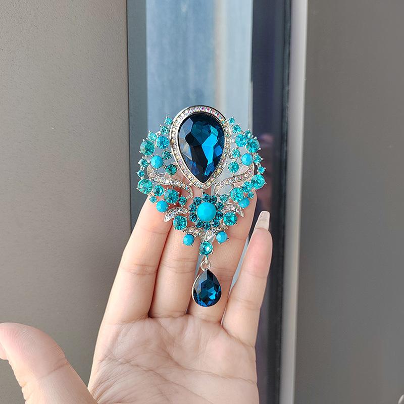 Retro Crystal Big Water Drop Pendant Brooch, Rhinestone Corsage Pin, Clothing Accessories Jewelry Women