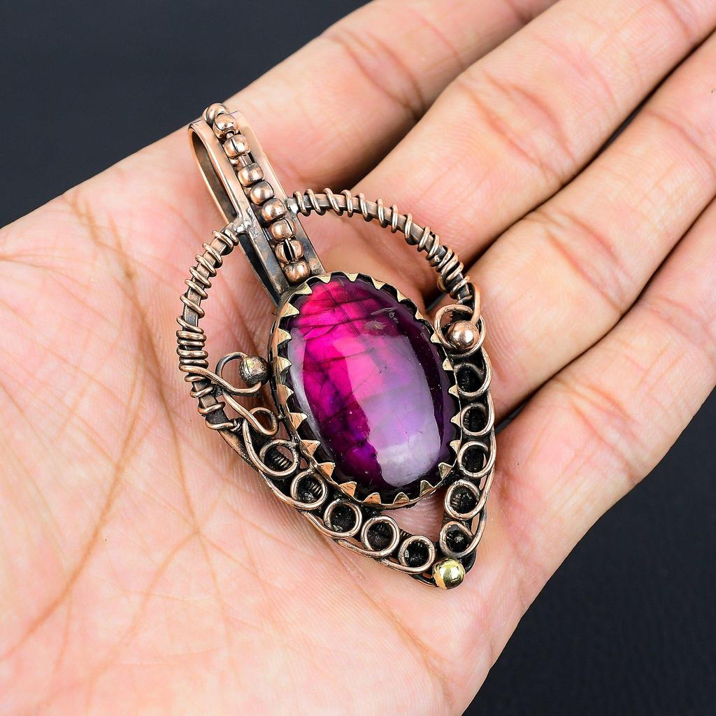 Pink Flash Labradorite Gemstone Handmade Jewelry Pure Copper Wire Wrapped Pendant