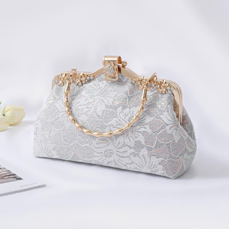 Chinese Style Clutch Bag Vintage Floral Lace Embroidery Evening Bag with Metal Frame convertible Shoulder Strap for Wedding