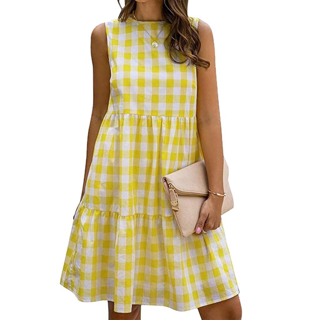 Women's Casual Round-neck Checkered Loose Dress