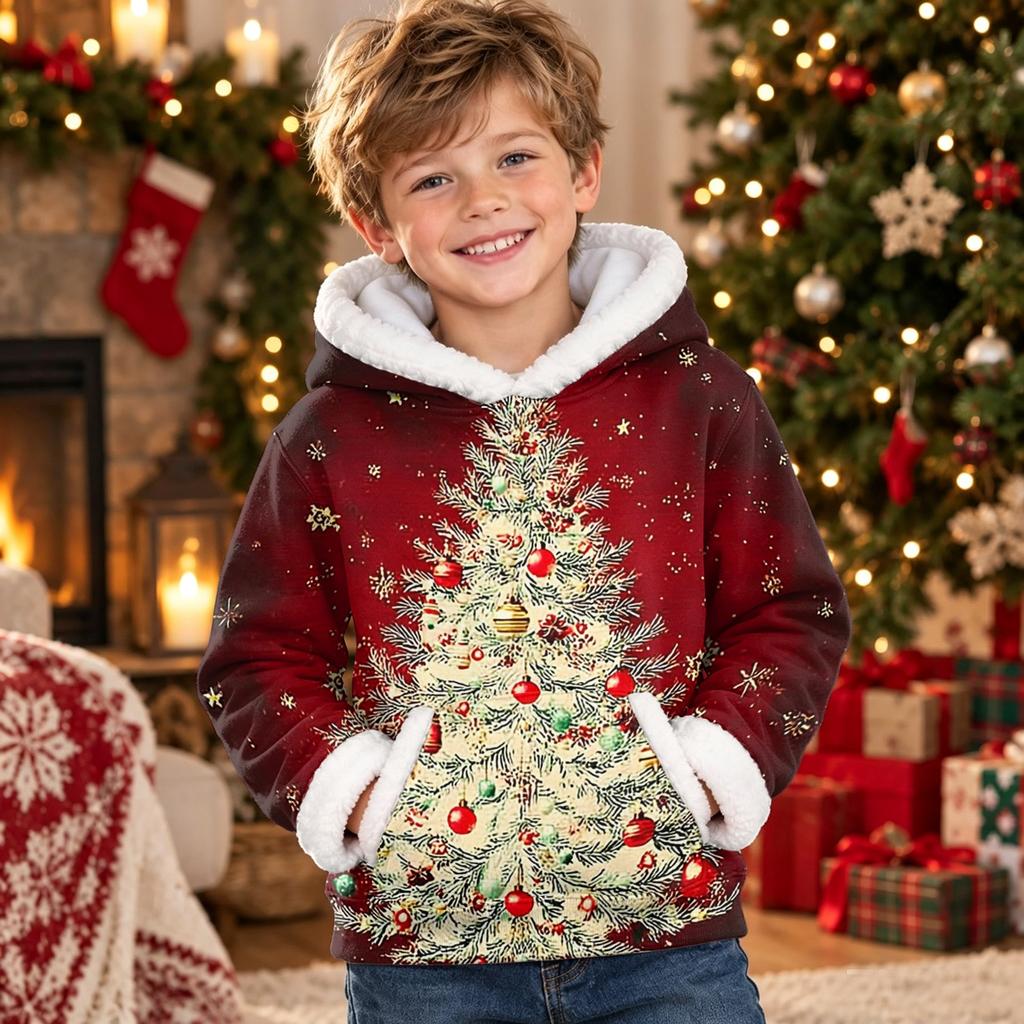 Kids Long Sleeve Christmas Print Hooded Top, Casual Holiday Hoodie for Boys and Girls