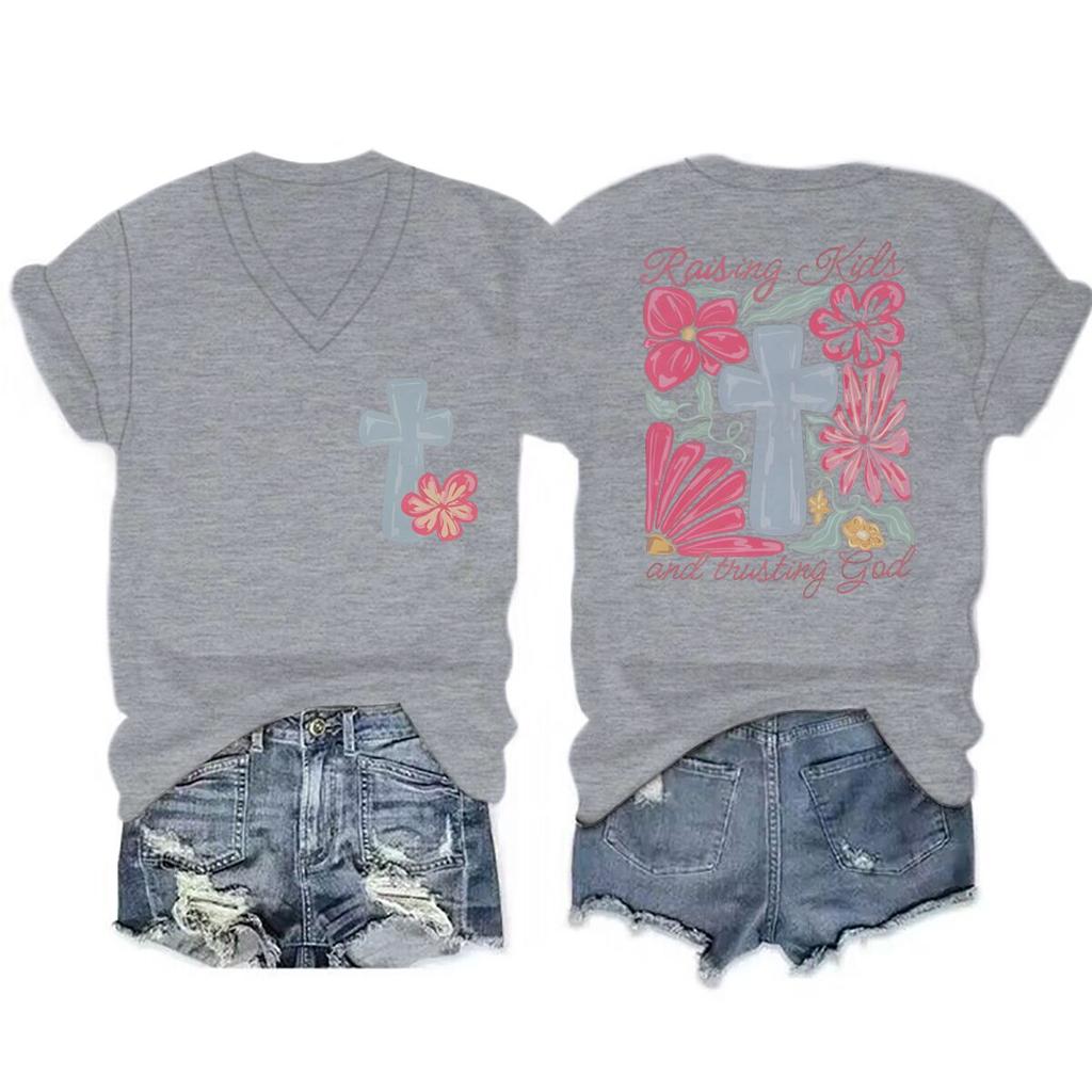 Religious Christian Faith Tshirts Short Sleeve Vneck Casual Tops Jesus Cross Flower Shirt Cross Faiths Casual Tshirt Women
