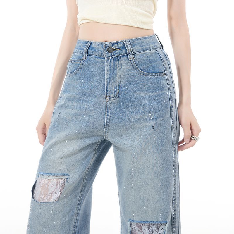 Spring Summer Rhinestone Ripped Lace High Waist Slim Narrow Wide Leg Trendy Casual Denim Pants Female Casual Pants Oversize Denim Trousers