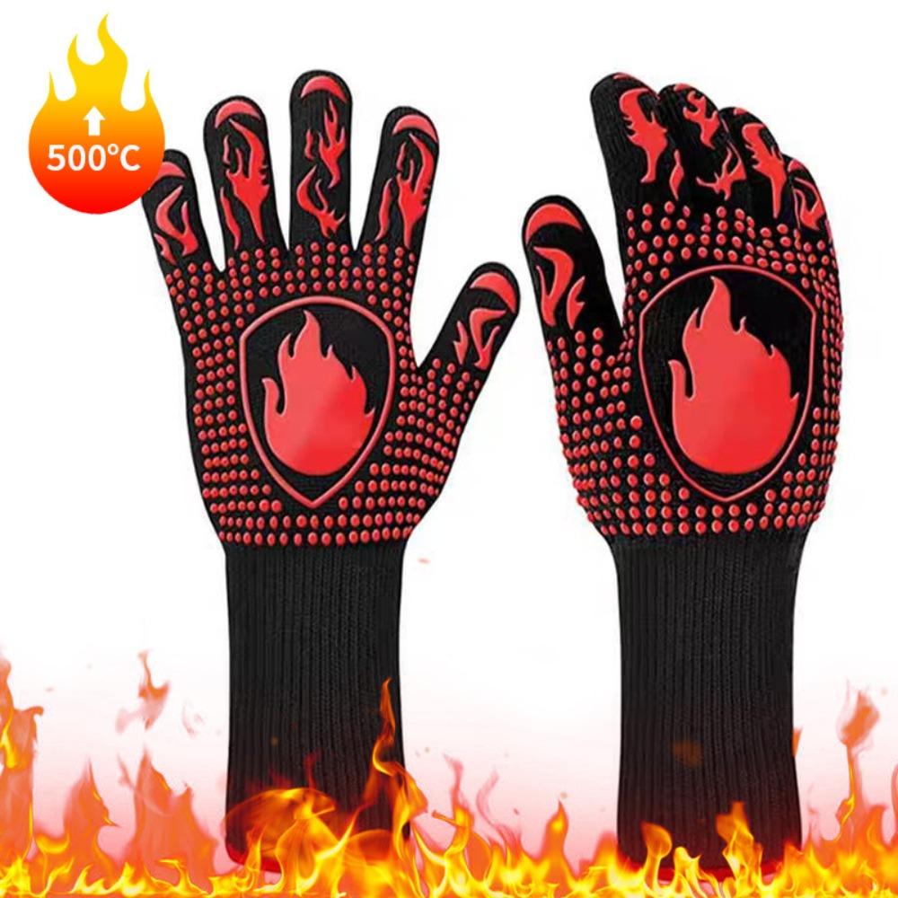 Hitzebeständige und hitzebeständige Grillhandschuhe mit fünf Fingern, wärmeisolierend, mikrowellengeeignet, mit Silikonbeschichtung.
