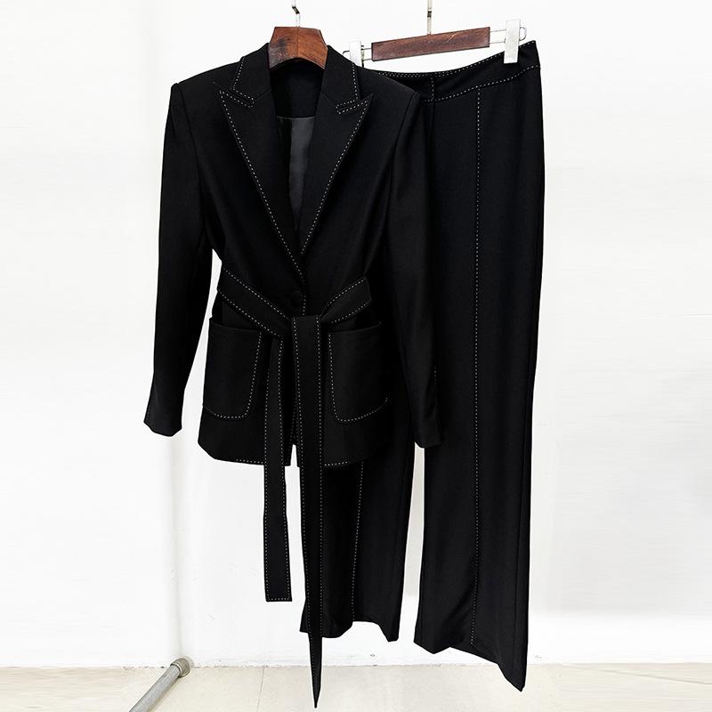 

High Street Fashion 2026: Beaded Trim Tie-Waist Suit Trousers Set L чёрный