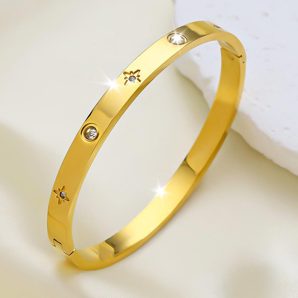 18K Gold Electroplated Stainless Steel Bracelet with Rhinestones and Eight-Pointed Star Design for Women
