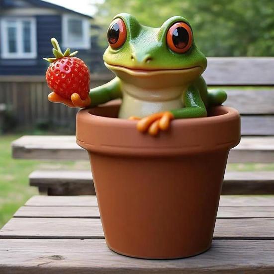 Garden Frog Ornament Resin Weatherproof Frog Figurine Cartoon Frog Statue Planter Decoration Frog Statue for Flower Pot Outdoor Decoration