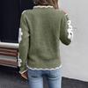 Women's Olive Green V-Neck Sweater with 3D Floral Appliques and Fuzzy Trim
