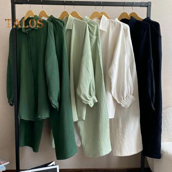 2 Pcs/Set Women Shirt Pants Set Turn-down Collar Single-breasted Long Sleeves Loose Top Elastic Waist Wide Leg Trousers Sport Tracksuit