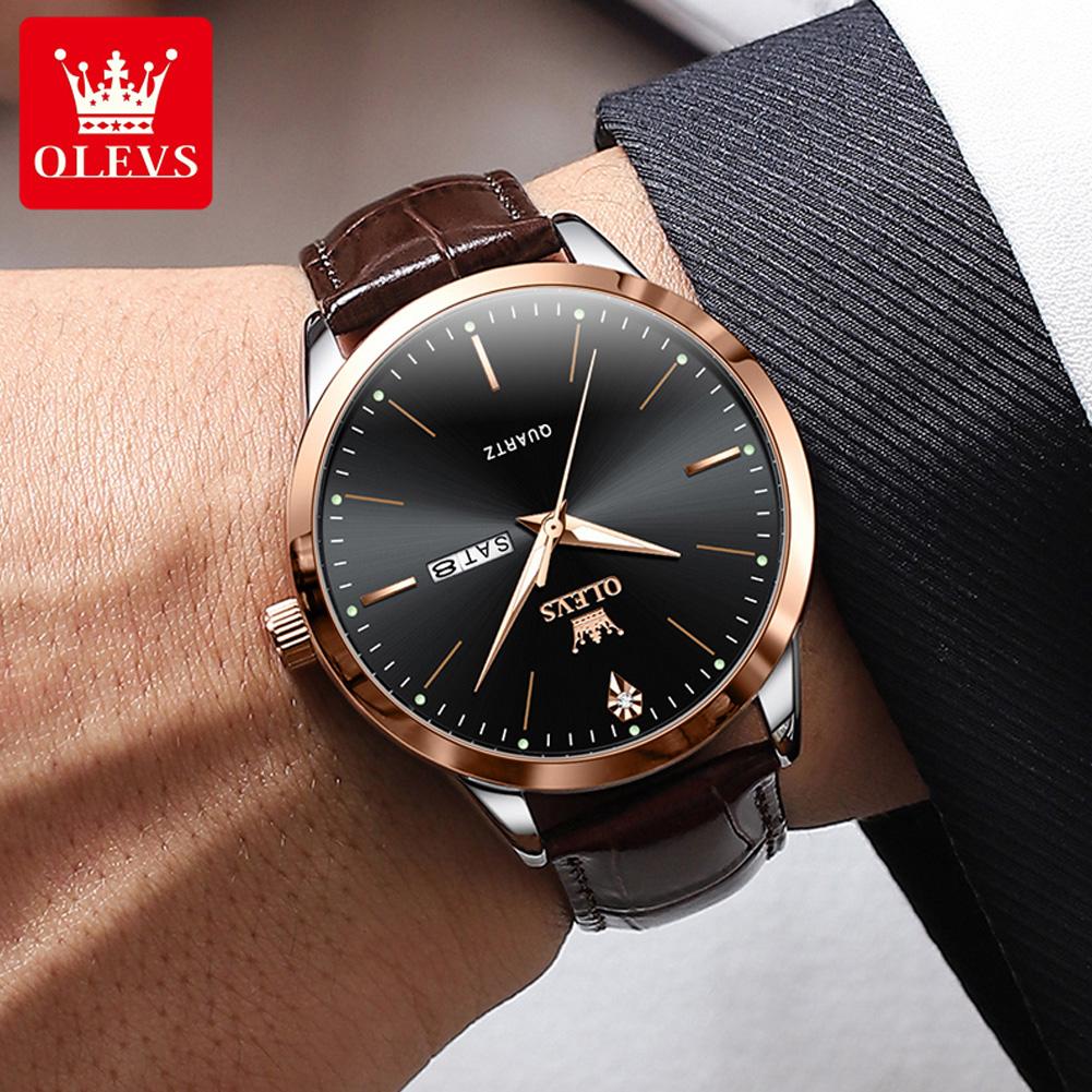 OLEVS 2935  Luxury Brand Hot Selling Styles   Calendar Genuine Leather Luminous Strap Quartz Watch for Man