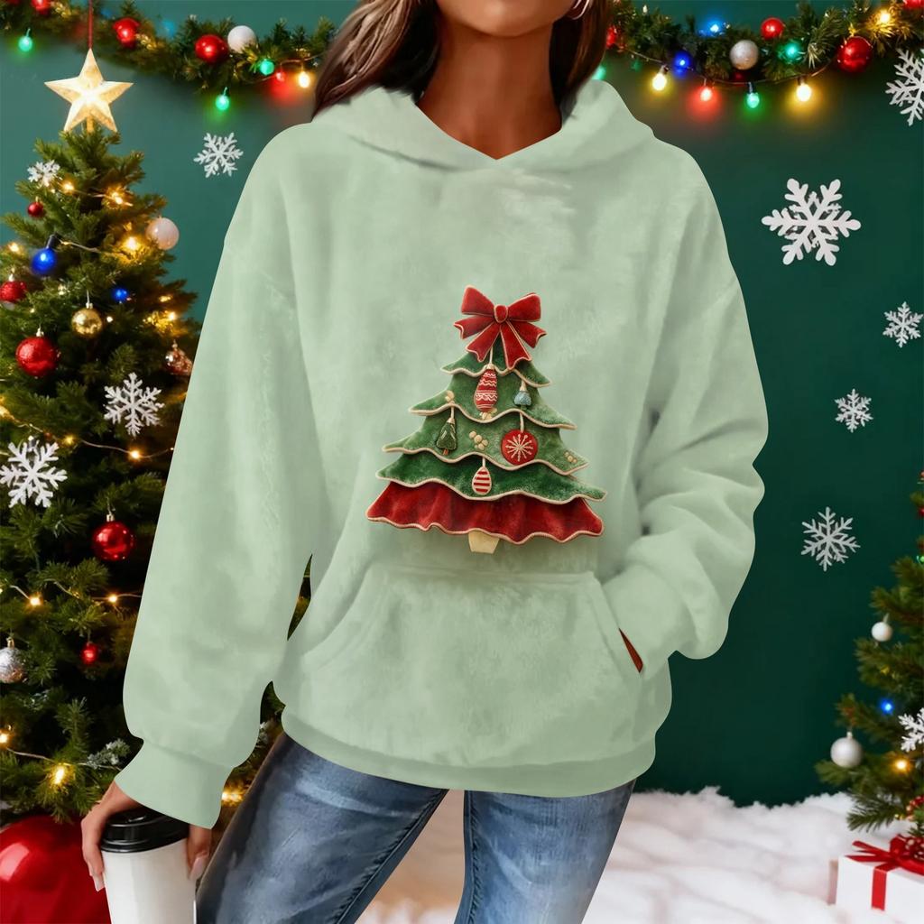 Sudadera con capucha de franela con estampado navideño de manga larga para mujer