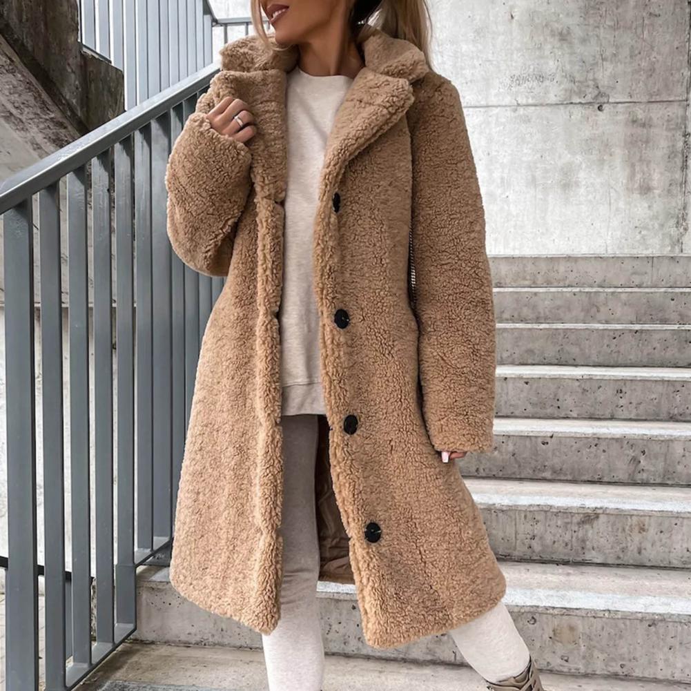 Women Overcoat Autumn Winter Women Trench Coat Long Style Pure Color Single-breasted Teddy Jacket Windproof