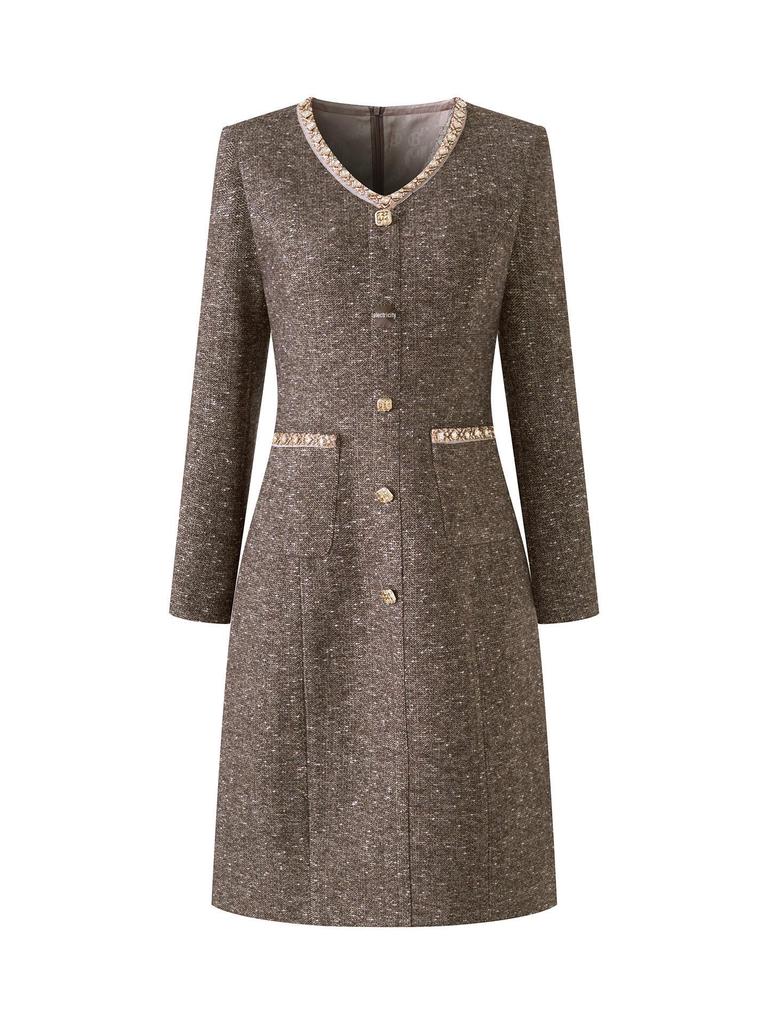 Kadınlar İçin Taşlı Yaka, Şık Sosyetik, Altın İplikli Balıksırtı Yün Elbise