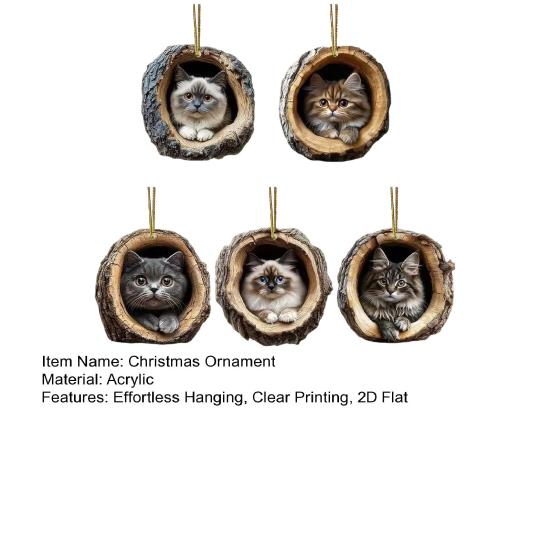 2D Kočičí Dekorace Závěsná Akrylová Kočka v Dírce Stromu Dekorace Ozdoba na Vánoční Stromek pro Milovníka Koček Dárek Slavnostní Dekor