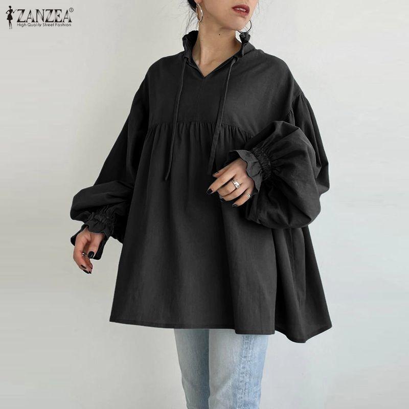 ZANZEA Women Casual Round Neck Loose Puff Long Sleeve Blouse