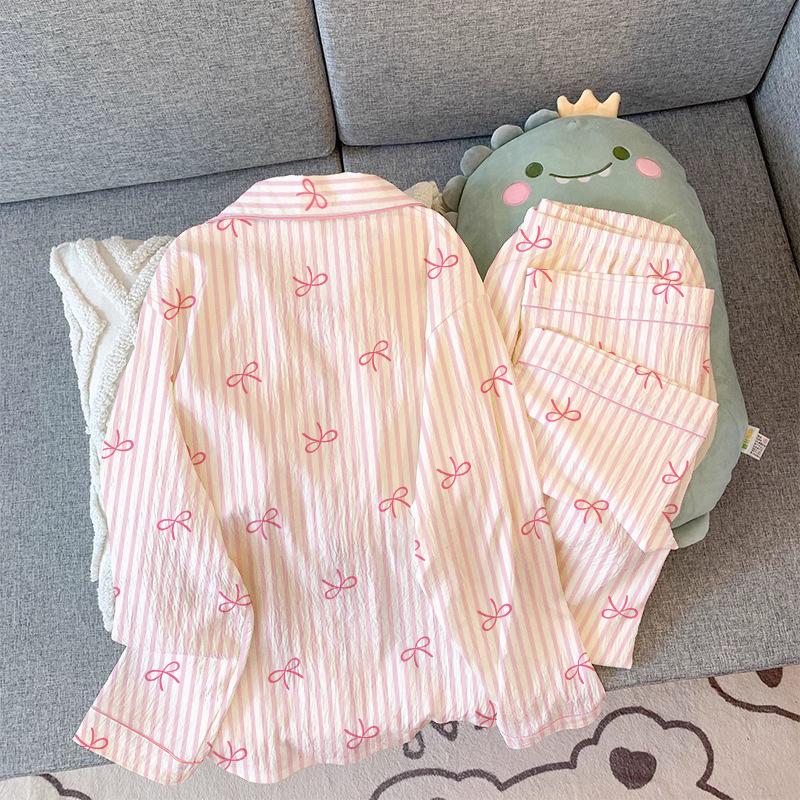 Women's Spring/Summer Pajamas: Long Sleeve & Pants, Loose Fit, Thin, Wrinkled Fabric, Bow & Stripes, Suitable for Outdoors