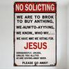 Vintage Rustic 'NO SOLICITING' Metal Tin Sign with Jesus Text - Aged Weathered Religious Home Bar Cafe Wall Decor Plaque