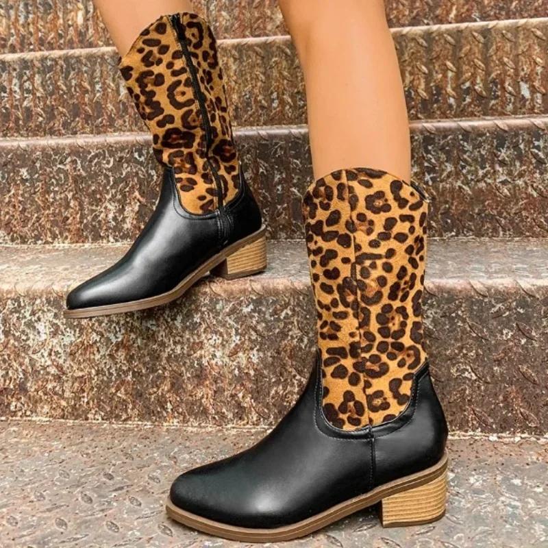 Fashion Mid-heel Chelsea Boots Women Leopard Print Fashion Warm Boots 2024 Brand Design Winter Punk Thick-soled Womens Boots Botas Mujer