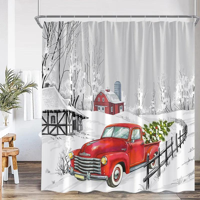 Red Santa Claus Shower Curtains Green Pine Bough Xmas Balls Snowflake Christmas Bath Curtain Set Home Bathroom Decor With Hooks