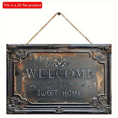 2D Flat Wooden 30*20cm Vintage "Welcome To Our Sweet Home" Wooden Wall Sign Rustic Decorative Plaque with Ornate Scrollwork, Distressed Black Finish