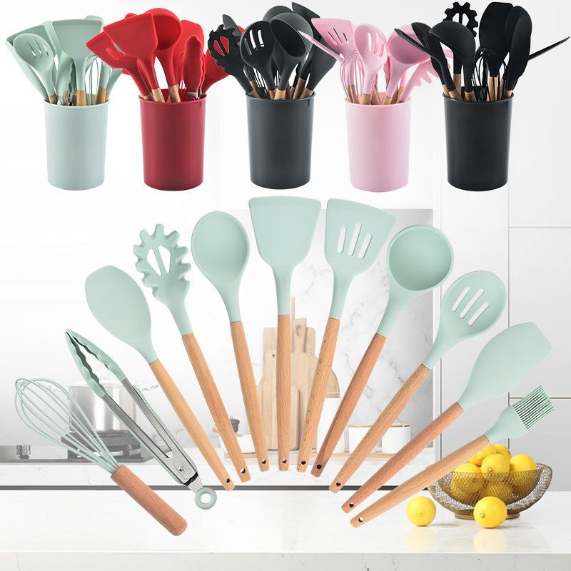 Wooden handle kitchen tools non-stick cooking spatula 11 pieces plus storage bucket baking set silicone kitchen utensils 12 pieces Light green twelve