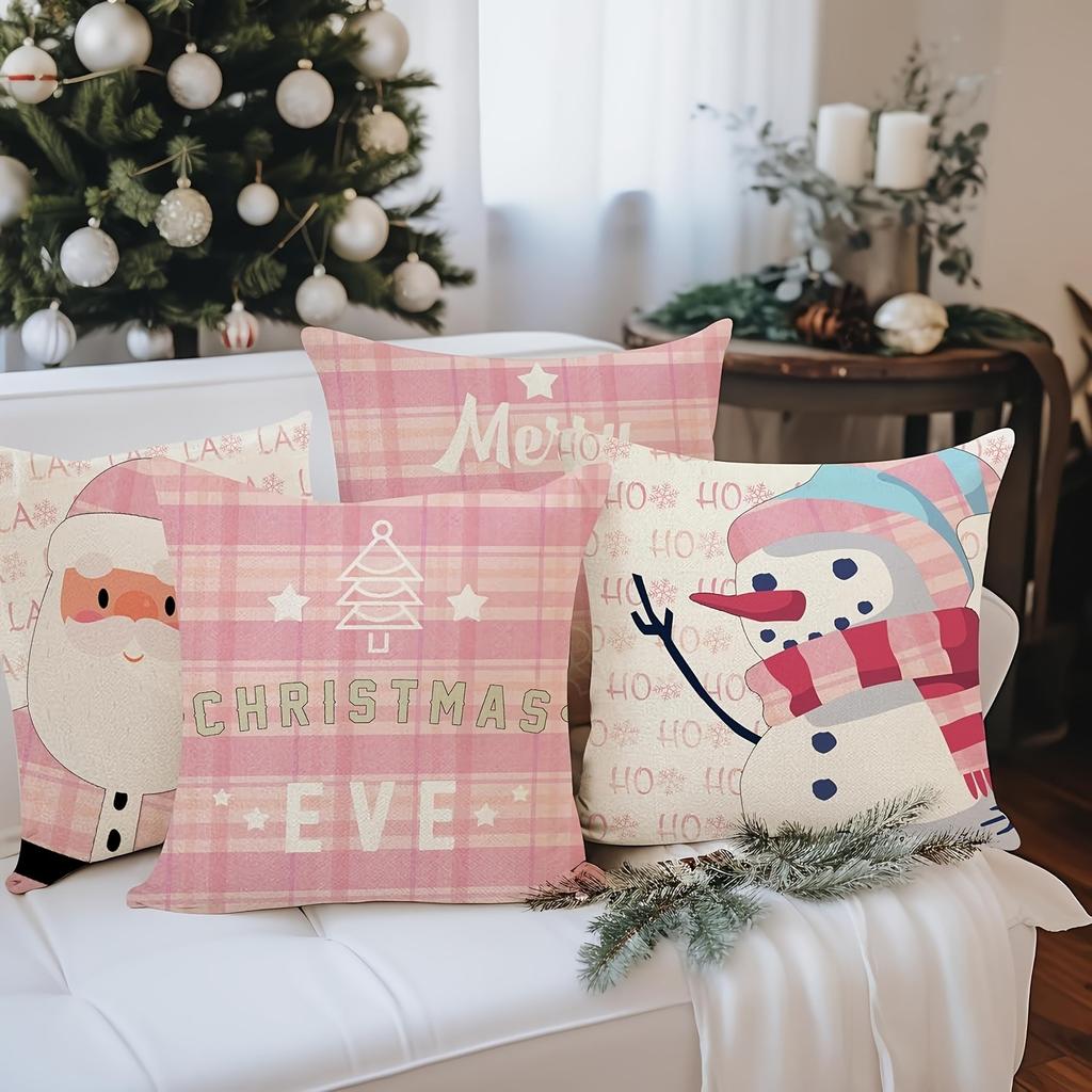 Festive Pink Christmas Pillowcases: Santa, Snowman, Merry Christmas & Christmas Eve Designs home room decoration